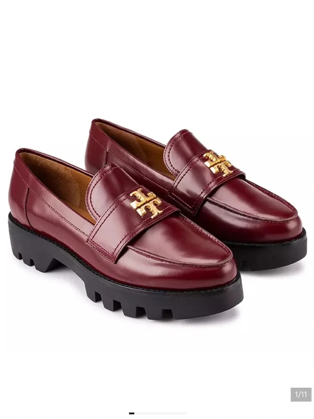 Tory Burch Everly Chunky Leather Lug Loafers Logo Burgundy Shoes , 11